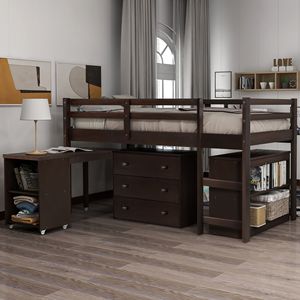 Letto a soppalco doppio Espresso con armadietto e scrivania portatile su ruote per bambini, con funzionalità pratiche (Vecchio SKU LP000113AAP) - Product Image 2