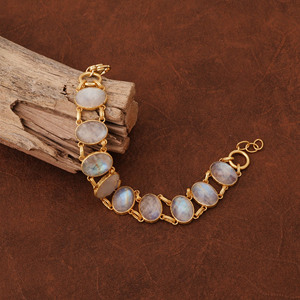 <b>Gold</b> Plated Moonstone Chain <b>Bracelet</b> For Women Bohemia Style Natural Oval Stone Link <b>Bracelet</b> <b>Adjustable</b> Statement Jewelry - Product Image 4