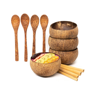 ชามมะพร้าวออร์แกนิคธรรมชาติพร้อมช้อนและหลอดดูด ทำจากเปลือกมะพร้าว 100% เป็นมิตรกับสิ่งแวดล้อม ผลิตด้วยมือ เหมาะสำหรับสลัด สมูทตี้ อาซาอิ ของหวาน ขายส่งจากเวียดนาม - Product Image 1