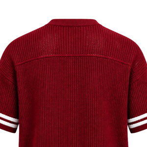 Crimson Red Knit V Neck Sports Jersey <b>Short</b> <b>Sleeve</b> <b>White</b> Stripe Detail Custom Oversized Casual Athletic Performance Team <b>Shirt</b> - Product Image 4