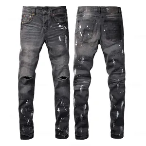 Jean en denim tissé extensible imprimé pour homme avec broderie, coupe crayon déchirée, idéal printemps/automne/hiver - Product Image 3