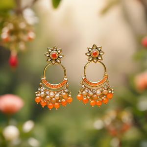 Gold Plated Alloy Wedding Drop Earrings with Orange Pearls and Kundan Stone - Product Image 3