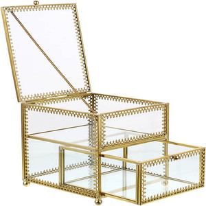 Vintage Glass Jewelry <b>Trinket</b> <b>Box</b> - Geometric Golden Vanity Organizer holder with Drawer, Decorative Jewelry Display Glass <b>Box</b> - Product Image 1