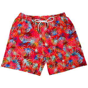 Shorts de bain décontractés pour hommes à imprimé tropical rouge, séchage rapide, taille à cordon, longueur mi-cuisse - Product Image 1