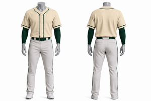 Uniforme de Béisbol para Hombre, Jersey Crema con Ribete Verde, Pantalones Blancos con Cinturón, Transpirable, Poliéster, Corte Regular, Ropa para Todas las Temporadas - Product Image 1