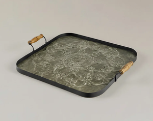 Plateau décoratif carré en vente flash avec poignées en bois, design rustique antique vieilli, motif abstrait pour la décoration intérieure - Product Image 1