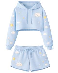<b>Women</b> Light <b>Blue</b> Crop <b>Hoodie</b> Shorts Set Cute Cloud Print Casual Two Piece Outfit Cotton Fleece Lounge Wear Custom Wholesale - Product Image 1