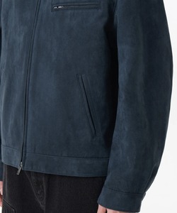 Men's Navy <b>Suede</b> Racer <b>Jacket</b> Turn-down Collar Zipper Closure Regular Fit Autumn Wear Minimalist Style - Product Image 5