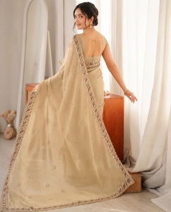 Sari de Chifón Reversible sin Arrugas con Bordado para Mujer, Diseño Bollywood de Otoño, con Blusa sin Coser (Beige) - Product Image 2