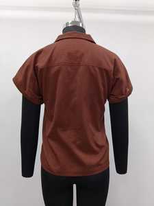 Blusa de Popelina de Algodón Marrón para Mujer, Manga Corta, Cuello con Muescas, Botones, Corte Regular, Largo Corto, Color Sólido, Transpirable - Product Image 2