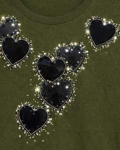 Camiseta de Algodón Verde Oliva para Mujer, con Gráfico de Corazón con Pedrería Negra, Manga Corta, Informal, a la Moda, con Impresión de Logotipo Personalizado, Camiseta de Verano - Product Image 4