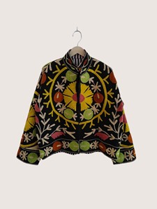 Poncho Bohème Brodé Floral à Manches Longues Col Mandarin Grande Taille pour Femme, Vêtement d'Extérieur Automne en Coton avec Fermeture Éclair - Product Image 1