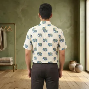 Men's Short Sleeve Cotton Casual <b>Shirt</b> With Elephant Print Turn-down Collar Summer Breathable cotton Fabric - Product Image 2