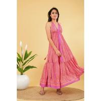 Robe longue d'été Lavinas pour femme, style vintage, en soie tissée, lavable, coupe trapèze, dos nu, col licou, taille élastique, imprimé floral, idéale pour les fêtes