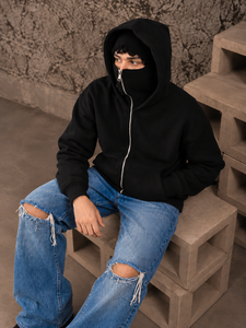 Custom <b>Men's</b> Double Balaclava Hoodie Polyester Cotton Full Zip Streetwear Jacket Casual Style With Attached <b>Face</b> Cover And Cuffs - Product Image 4