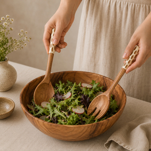 Handcrafted Acacia Wood <b>Salad</b> Server Set with Decorative Bone Inlay Handles Wooden Serving Utensils Wholesale Custom Logo - Product Image 4