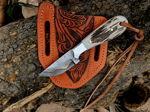 Handmade Damascus steel <b>Small</b> Skinner knife copper inlay , cross <b>draw</b> belt carry leather sheath, Personalized gift, Gift for - Product Image 3