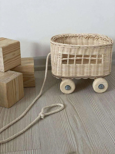 Handmade rattan Wicker Trolley With Wooden Wheels <b>For</b> Baby 0-3 Years Old - Product Image 4