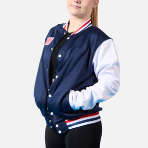 Veste universitaire bleue personnalisée pour femme, col montant côtelé, veste de baseball pour femme, veste Letterman pour femme - Product Image 1
