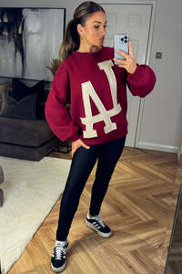 Sweat-shirt col rond pour femme bordeaux, grande taille, avec appliqué lettre LA crème, manches lanternes, en mélange de coton - Product Image 3