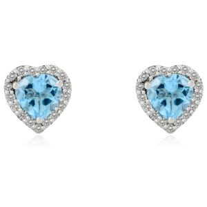 14K Gold Blue Topaz Heart Stud <b>Earrings</b> with Diamond Halo - Product Image 2