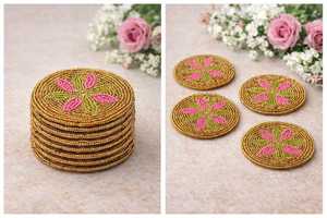 Handmade Customizable Floral Beaded Eco-Friendly Hotel & Home Use Coasters Gold Pink <b>Table</b> Decor Set - Product Image 1