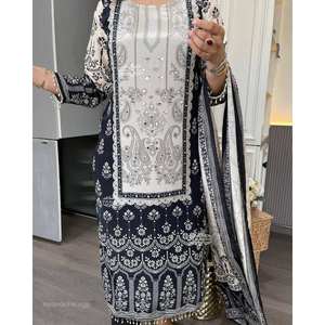 Conjunto de diseñador de top, pantalón y dupatta de gasa transpirable con mangas largas, de moda. - Product Image 3