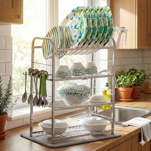 Estante Metálico de 4 Niveles para Platos, Organizador de Cocina con Ganchos y Escurridor de Tazones - Product Image 1