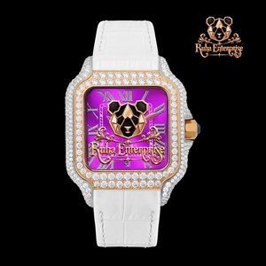 Reloj de Cuarzo Cuadrado Premium con Esfera Morada y Blanca, Bisel con Cristales y Elegante Correa de Cuero - Product Image 1