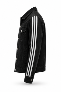 Veste en jean noire pour homme, manches à rayures blanches, fermeture boutonnée, coupe classique, style décontracté, vêtement d'automne, écologique, coupe-vent - Product Image 3