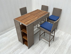 BS00066 Juego de Mesa de Comedor Moderno y Elegante con Cojines para Patio, Bar, Rectangular, con Cubierta de Madera de Acacia y Ratán, para Sala de Estar al Aire Libre, Patio - Product Image 2