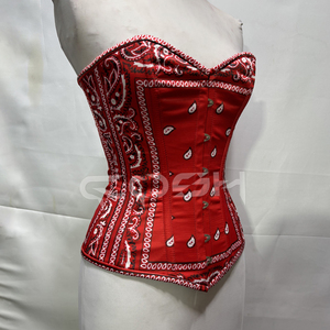 Corsé Overbust de Moda Urbana con Estampado de Bandana Roja y Cierre de Varillas de Acero, Top Entallador de Cintura de Satén con Estampado Paisley Gótico - Product Image 3