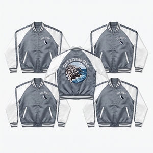 Factory Direct Black Green Satin Varsity Jacket Zip Up Custom Embroidered Copper Mineral Guild Baseball <b>Coat</b> - Product Image 6