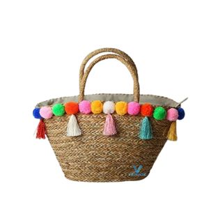 Vietrustic Hot Selling Handmade <b>Handbag</b> Seagrass Cotton Woven Tote Bag Natural Fiber Rustic Style <b>Boho</b> Casual Beach Shopping Bag - Product Image 4