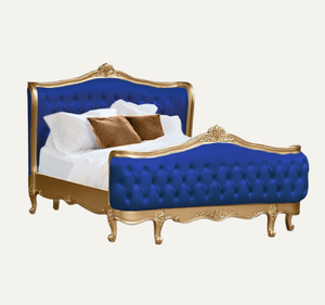 Lit en bois massif capitonné bleu classique européen de luxe avec tête de lit capitonnée en bois d'acajou, meubles de chambre à coucher - Product Image 1
