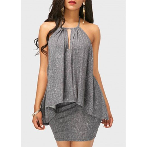 Ensemble deux pièces en maille mélangée pour femme : haut superposé asymétrique à col halter et mini-jupe moulante - Product Image 1