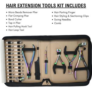 Kit d'outils professionnel pour extensions capillaires : Pince à sertir plate, Pince à retirer les micro-perles, Pince à extensions à clipser, Outil à boucles et crochets, Peigne - Product Image 2