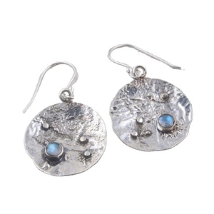 Handmade 925 Sterling Silver Textured Disc Labradorite Dangle Earrings Artisan Boho Gemstone Earrings - Product Image 1