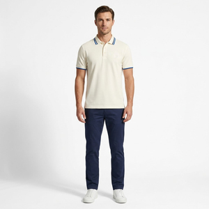 Polo de Manga Corta Color Crema para Hombre con Ribete Azul, Corte Regular, Estilo Casual Elegante, Tejido de Piqué de Algodón, Transpirable, Diseño Sólido - Product Image 1