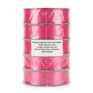 Cinta de Satén Rosa de 25mm, 100% Poliéster, de una Sola Cara, Resistente al Encogimiento, Paquete de 5 Rollos x 8 Metros, para Decoración de Escaparates y Exhibiciones - Product Image 1