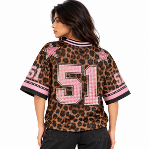 T-shirt surdimensionné en maille pour femme, imprimé léopard, avec strass, numéro personnalisé, étoile rose, style streetwear, OEM ODM - Product Image 2