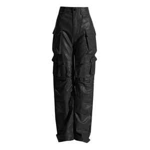 High Waist Plus Size Cargo Pants <b>Women</b> Loose Fit Full Length Utility Style With Multiple Pockets Solid Color PU Coated Wear - Product Image 6