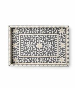 Bandeja Rectangular Decorativa de Lujo, Hecha a Mano con Incrustaciones de Hueso, MDF y Resina, Diseño Floral con Borde Geométrico, Ecológica - Product Image 1