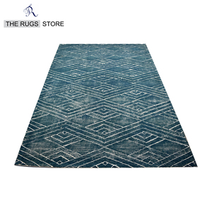 Tapis en laine tufté à la main, style nordique vieilli, motif losanges géométriques concentriques, bleu sarcelle, pour sol - Product Image 2