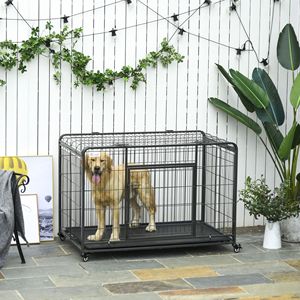 Gabbia per cani in metallo resistente da 49 pollici, per razze di taglia grande, grigio scuro, pieghevole, con vassoio, ruote bloccabili, motivo animale, per allevamento di polli e animali domestici - Product Image 2
