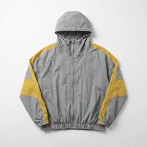 Wholesale <b>Grey</b> & Yellow Color‑Block Windbreaker | Lightweight Hooded Full‑Zip <b>Jacket</b> with Elastic Hem | OEM Outdoor / Athleisure - Product Image 1