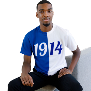 เสื้อยืดเชนิลล์ Phi Beta Sigma Half 1914 สีน้ำเงินขาว สำหรับผู้ชาย ลายตัวอักษรกรีก เสื้อยืดพรีเมียมสำหรับสมาคมนักศึกษา แขนสั้น ทรงคลาสสิก - Product Image 1