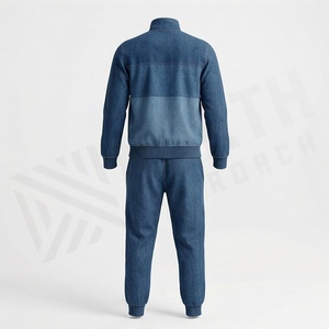 Ensemble de survêtement en jean pour homme, avec fermeture éclair intégrale, col montant, style décontracté, color block bleu, pour l'automne - Product Image 2