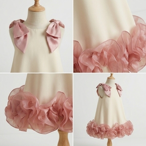 Robe de princesse Tutupetti raffinée et personnalisée pour filles, style boutique, en organza ivoire, coupe trapèze, sans manches, avec ourlet à volants et grand nœud, couleur blush - Product Image 3
