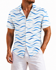 Chemise Hawaïenne Homme Personnalisée à Manches Courtes Imprimée Numérique Motif Vague Tropicale Tricotée Boutonnée Été 320g Respirante ODM - Product Image 1